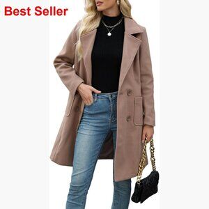 Wool Blend Double-Breasted Pea Coat Notch Lapel Winter Coat